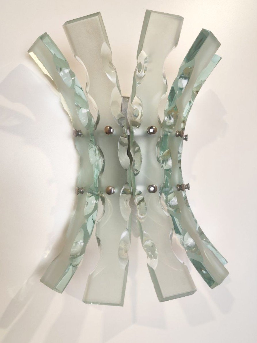Paire d'appliques murales en verre ciselé, produites par Fontana Arte, années 1960-photo-2
