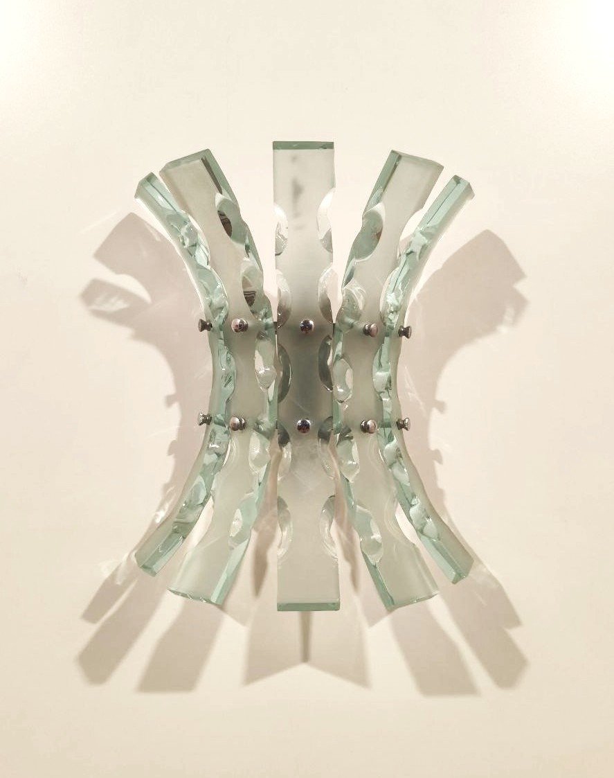 Paire d'appliques murales en verre ciselé, produites par Fontana Arte, années 1960-photo-3