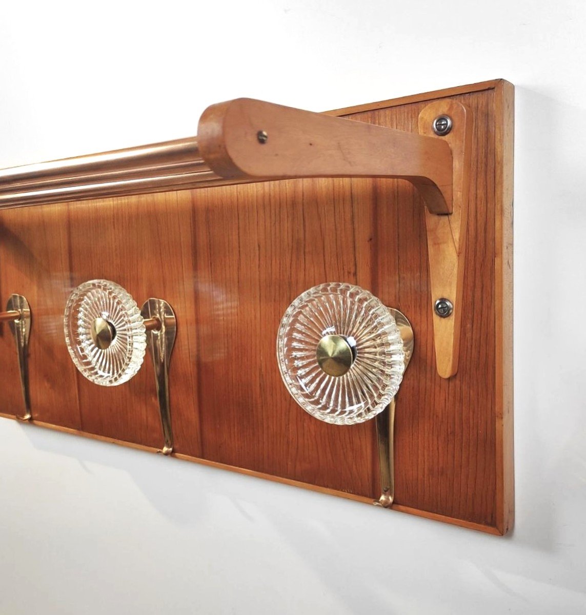 Porte-manteau et porte-chapeau en bois, laiton et verre, Italie, années 1950-photo-2