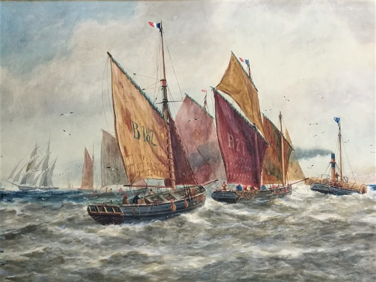 T.b. Hardy R.b.a. Large Watercolor 'french Fishing Boats', 1892-photo-2