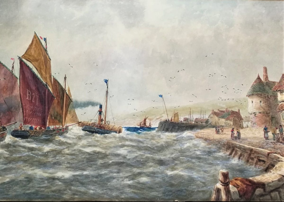 T.b. Hardy R.b.a. Large Watercolor 'french Fishing Boats', 1892-photo-1