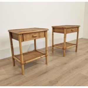 Paire de tables de chevet en bambou et rotin, Italie, années 1970