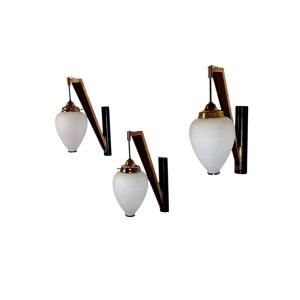 Set Of 3 Wall Lamps In Brass, Wood And Glass, Stilnovo 1950s