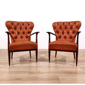 Pair Of Wooden And Leather Armchairs, Paolo Buffa (attributed) 1950s