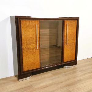 Buffet haut rationaliste en bois et verre, années 1940/1950