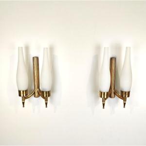 Paire d'appliques murales à double lumière, laiton et verre satiné, années 1950