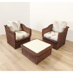 Pair Of Rattan Armchairs With Coffee Table By Wicker Works