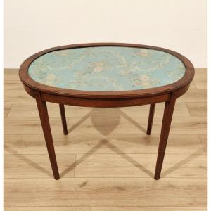 Oval Chestnut Coffee Table With Floral Fabric, Italy, Early1900s