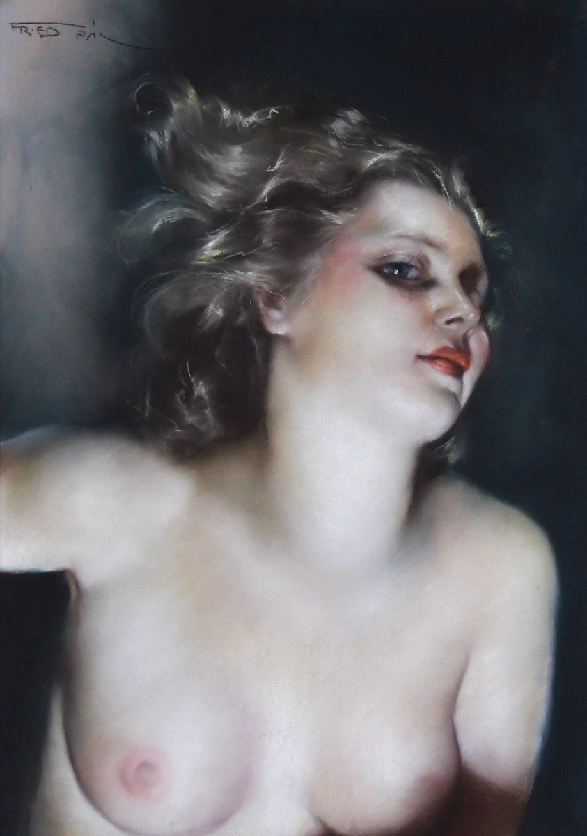 Pastel Bust Of A Naked Young Woman Signed Fried Pal-photo-3