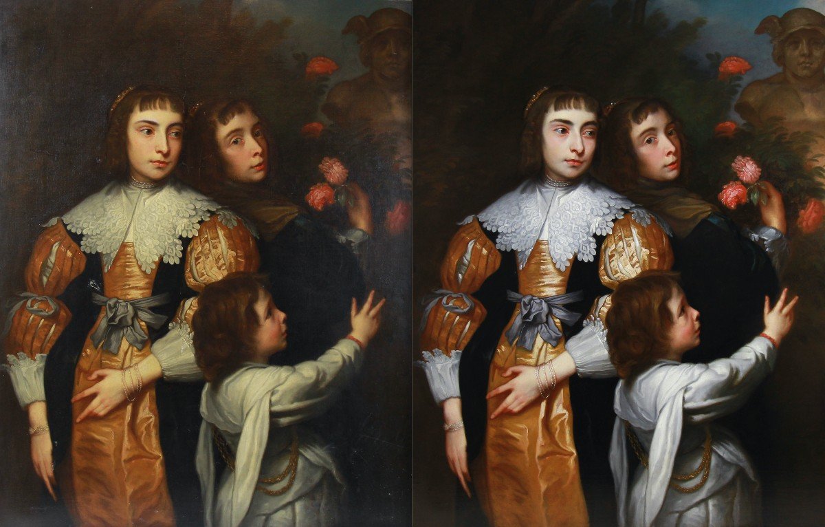 Huile Sur Toile Portrait De Famille d&#039;Apr&egrave;s Anthony Van Dyck -photo-2