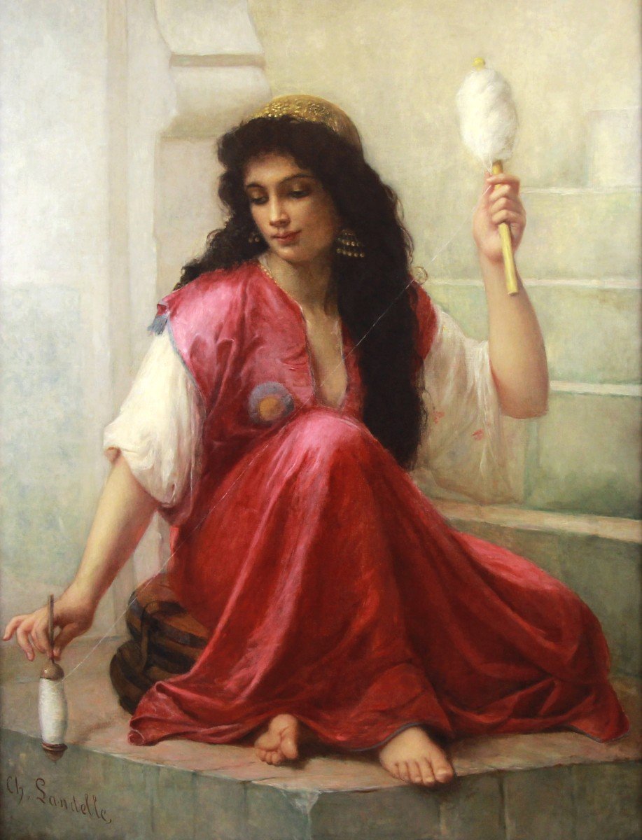 Huile sur toile "Jeune Orientale au fuseau" par Charles Landelle -photo-2