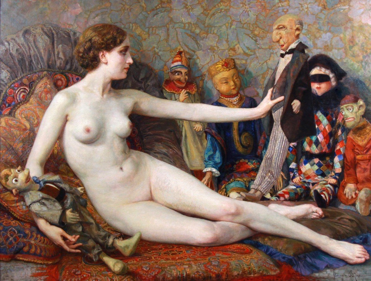 Oil On Canvas Nude "odalisque Aux Pantins" Belgian School-photo-2