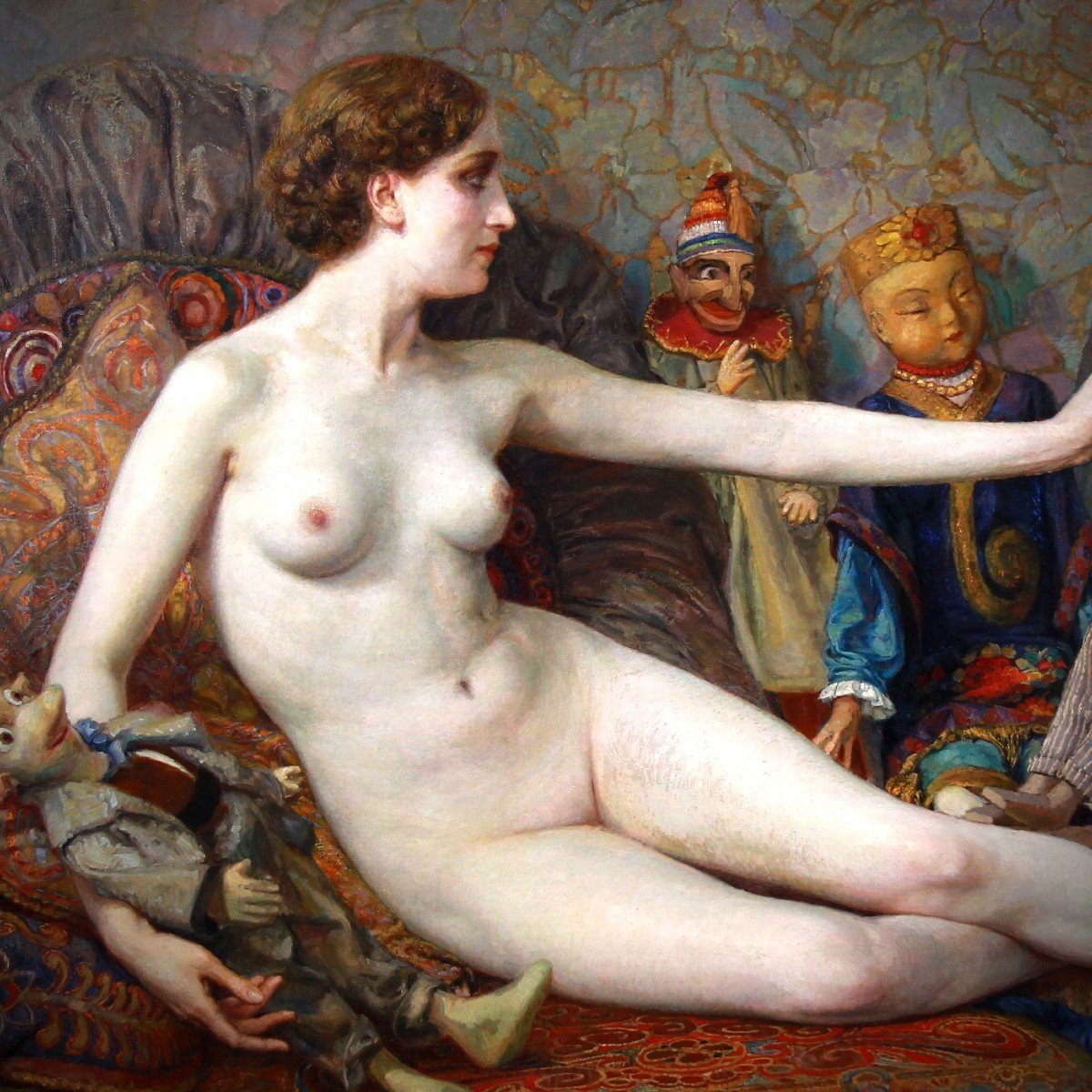 Oil On Canvas Nude "odalisque Aux Pantins" Belgian School-photo-3