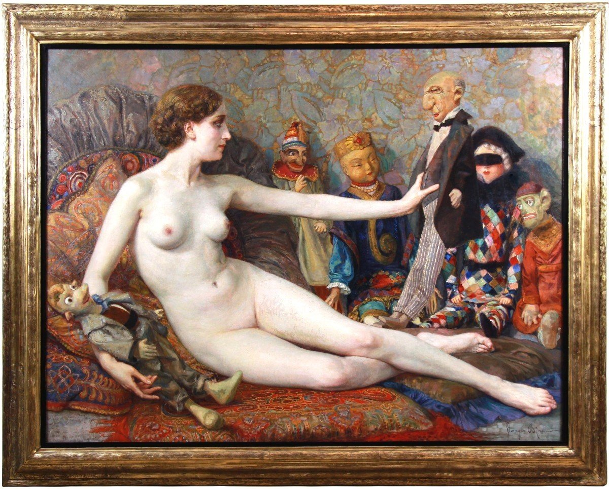 Oil On Canvas Nude "odalisque Aux Pantins" Belgian School