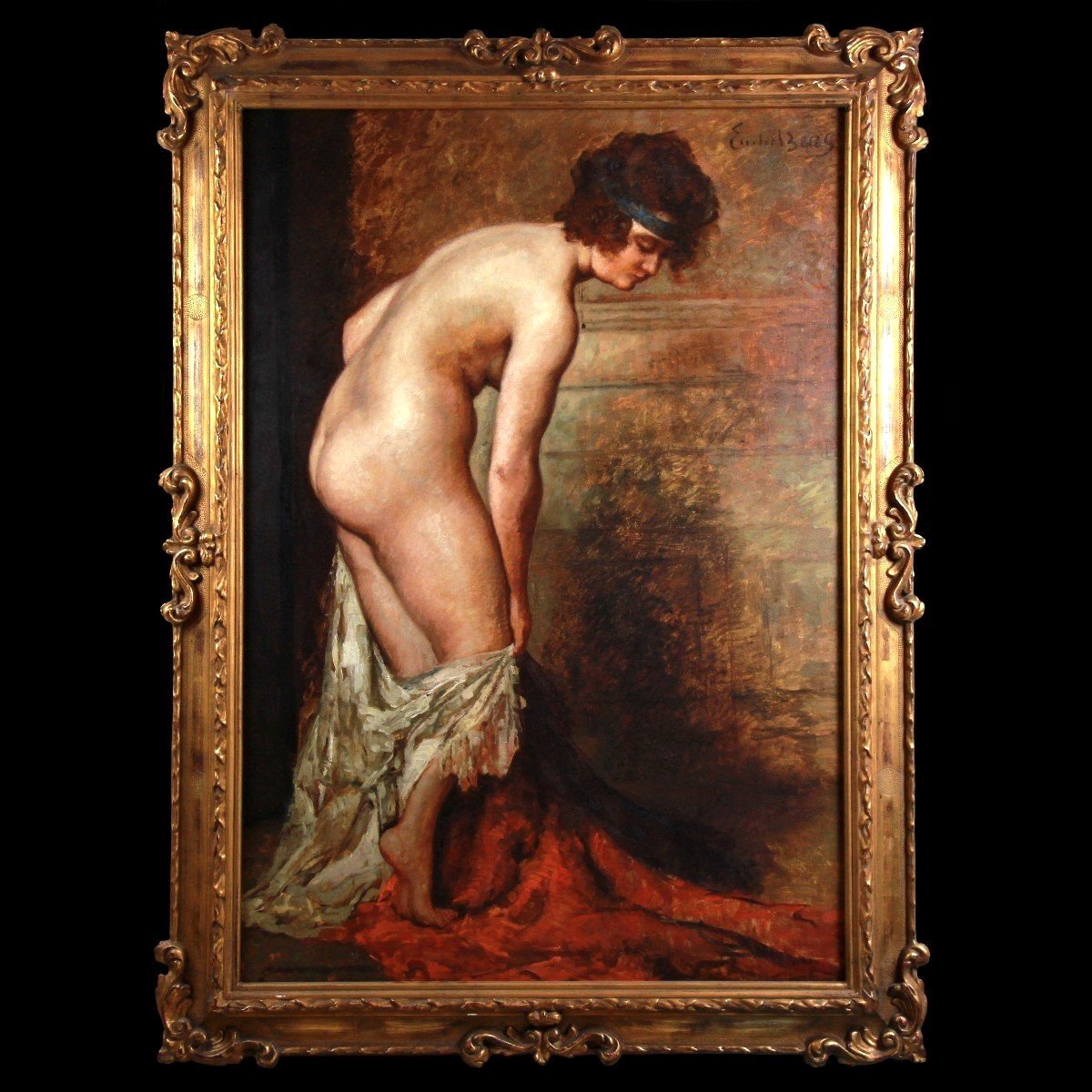 Grande Huile Sur Toile Nu Au Drapé Par Emile Baes-photo-1