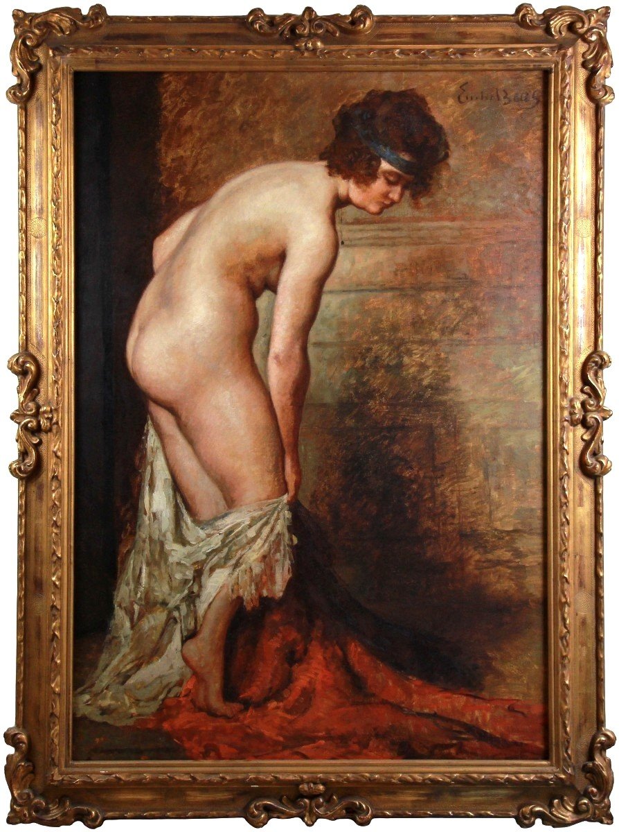 Grande Huile Sur Toile Nu Au Drapé Par Emile Baes