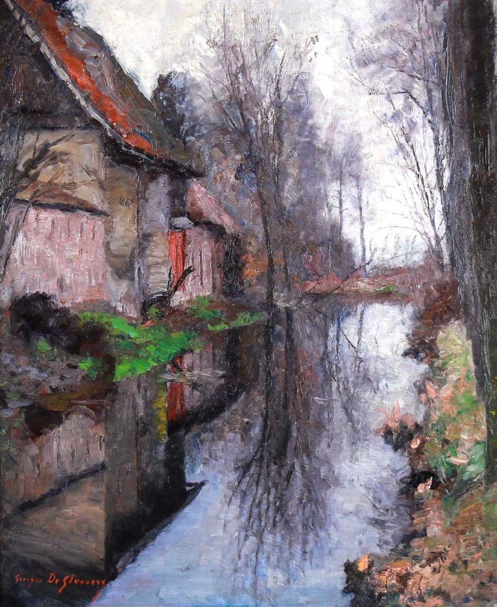 Oil On Canvas "reflections In The Stream" By Georges De Slovere Impressionist Painter -photo-2