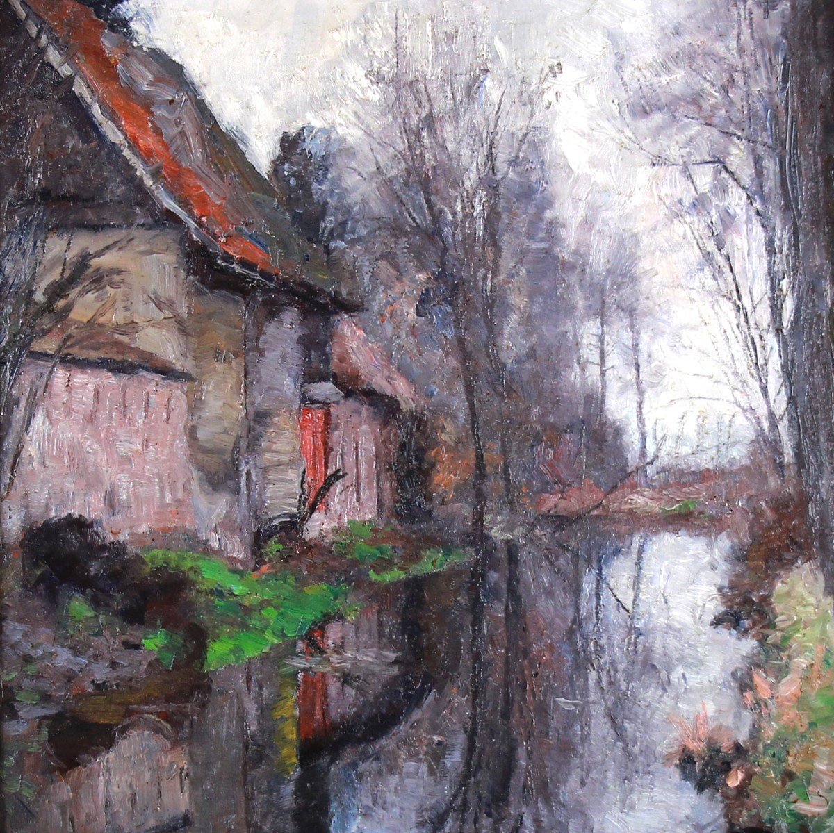 Oil On Canvas "reflections In The Stream" By Georges De Slovere Impressionist Painter -photo-3