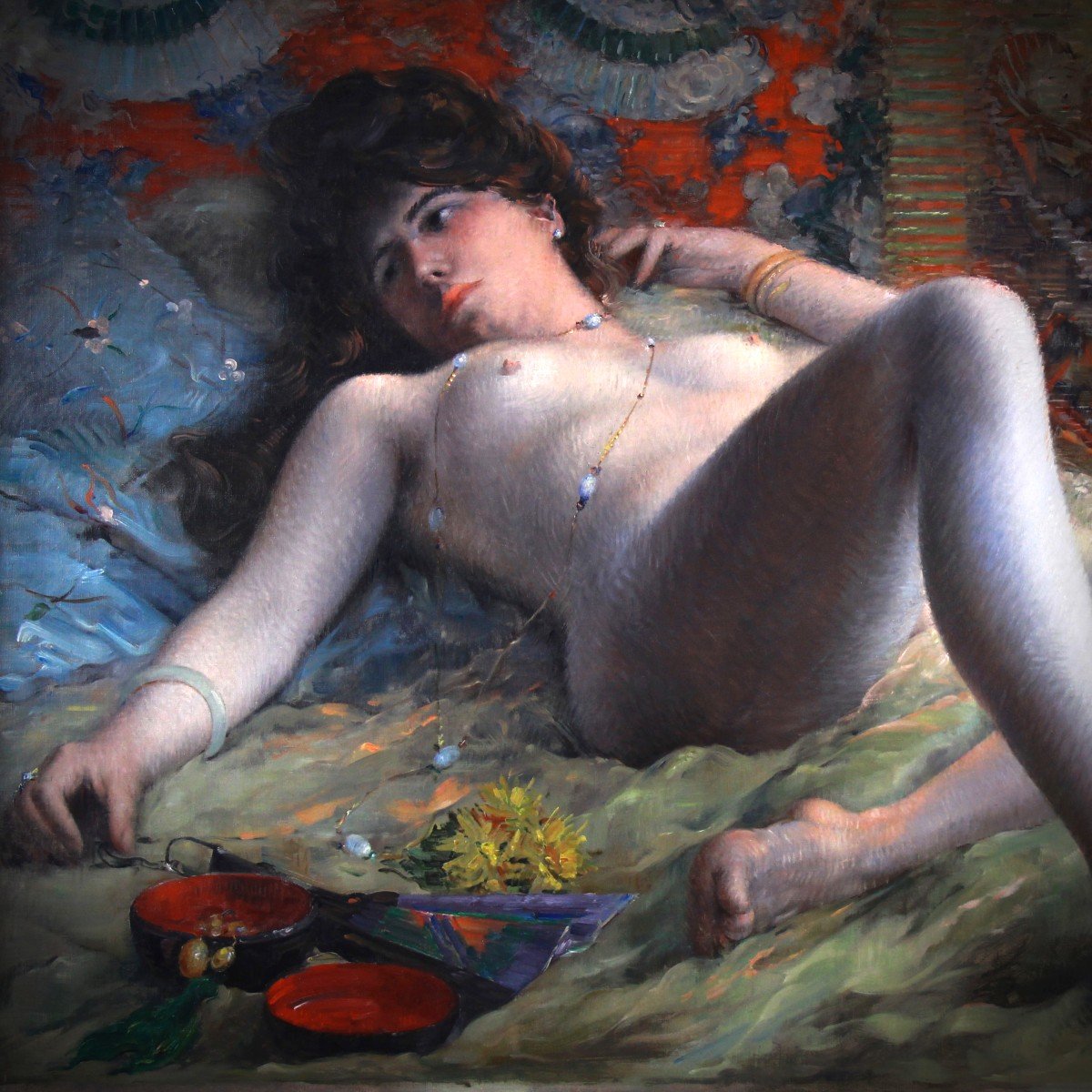 Oil On Canvas "nude With A Fan" Attribution Henri-camille Danger (1857-1937)-photo-2