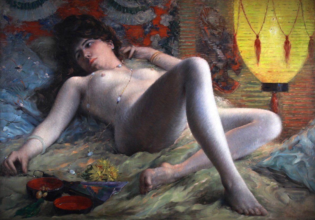 Oil On Canvas "nude With A Fan" Attribution Henri-camille Danger (1857-1937)-photo-3