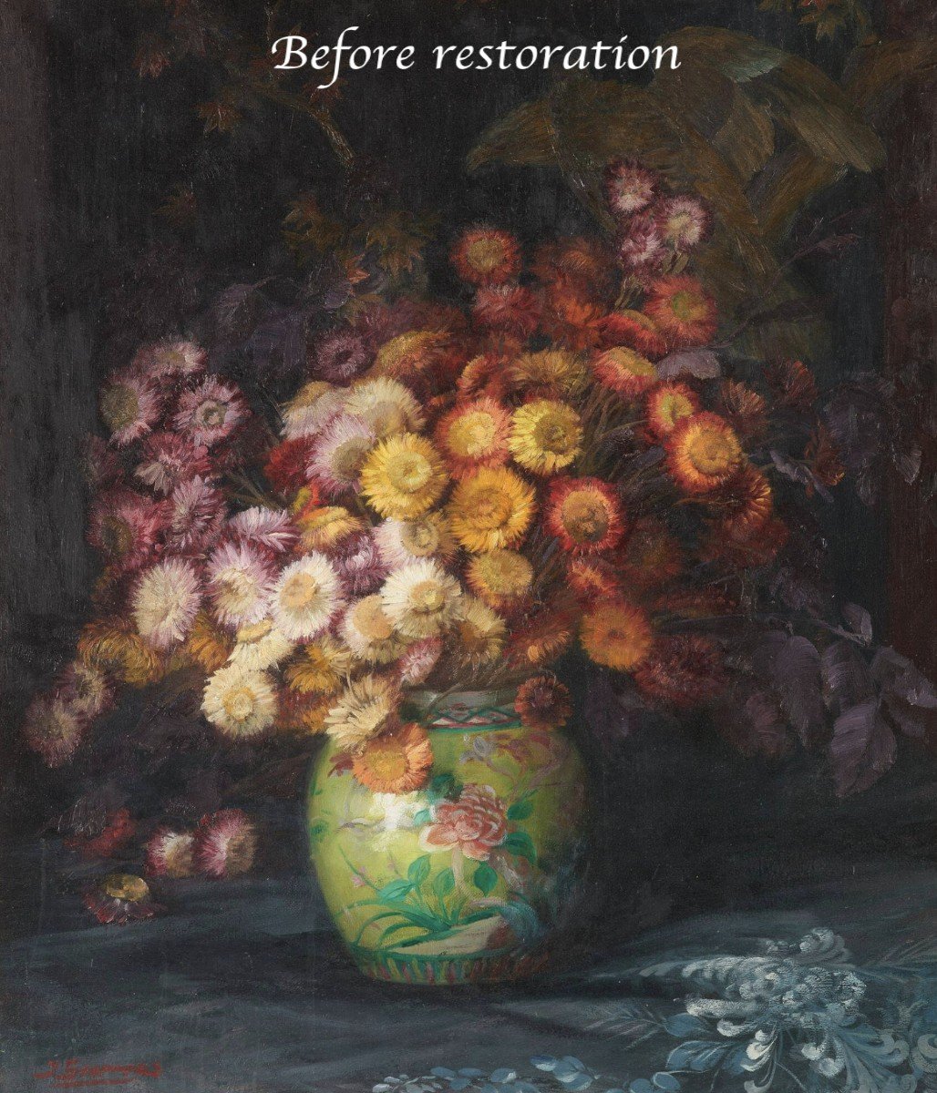 Huile Sur Toile "nature Morte Aux Fleurs Et Vase Chinois" Par Julien Stappers-photo-2