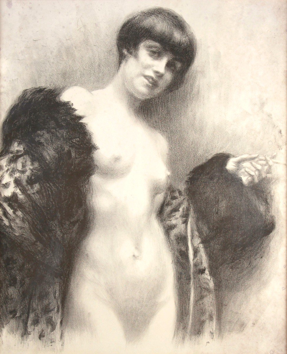 Ancien Dessin Au Fusain Sur Papier « Femme Nue Avec Cigarette » école Italienne 2o ème-photo-2