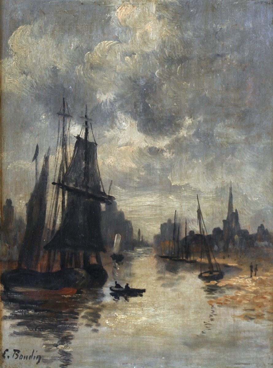 Oil On Panel Eugène Boudin “scene Of Trouville Port At Low Tide”-photo-2