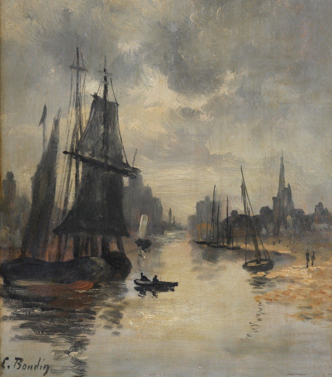 Oil On Panel Eugène Boudin “scene Of Trouville Port At Low Tide”-photo-4
