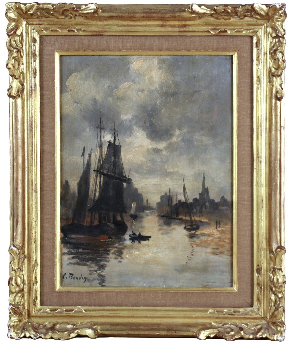 Oil On Panel Eugène Boudin “scene Of Trouville Port At Low Tide”