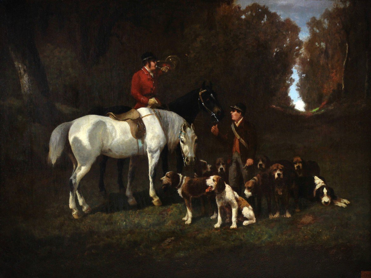 Oil Painting, Hunting Scene With Dogs And Horses Surrounding Or Attr. Alfred De Dreux 19th-photo-2