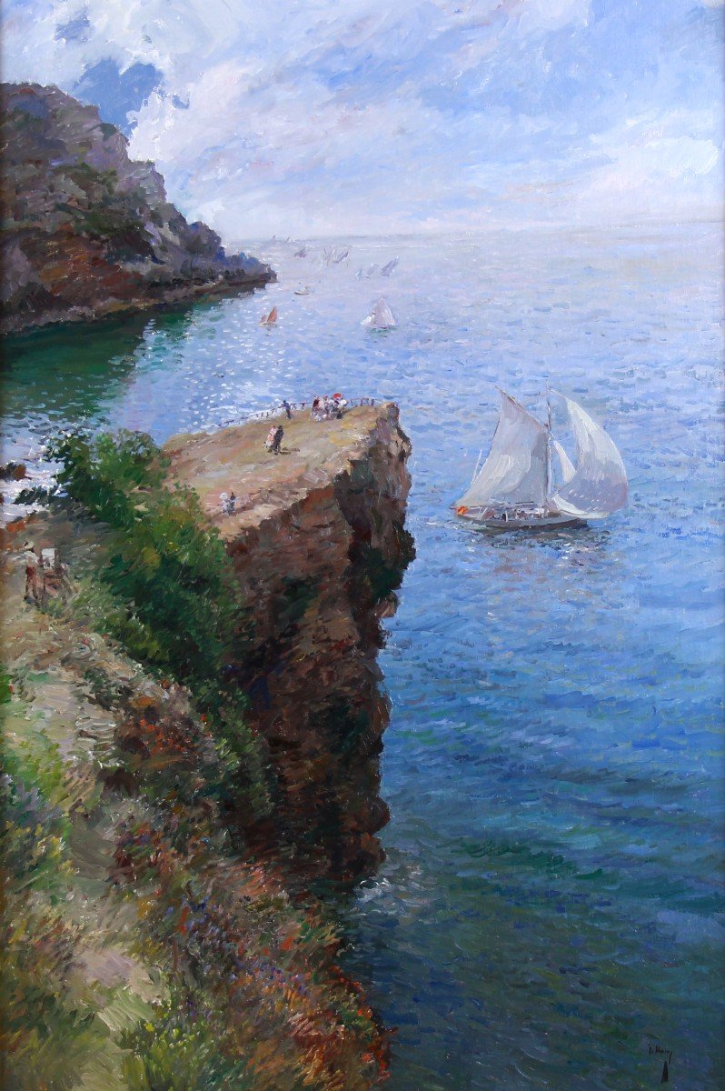 Huile Sur Toile Sur Panneau ,vue Méditerranéenne Avec Voilier Et Falaises-photo-2