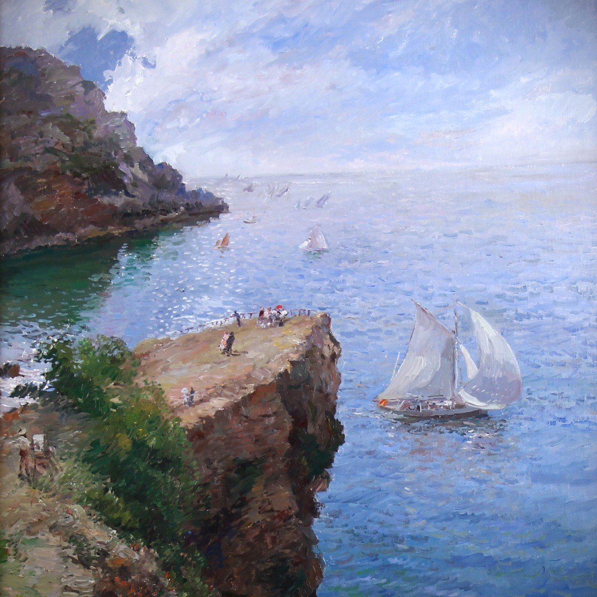 Huile Sur Toile Sur Panneau ,vue Méditerranéenne Avec Voilier Et Falaises-photo-3