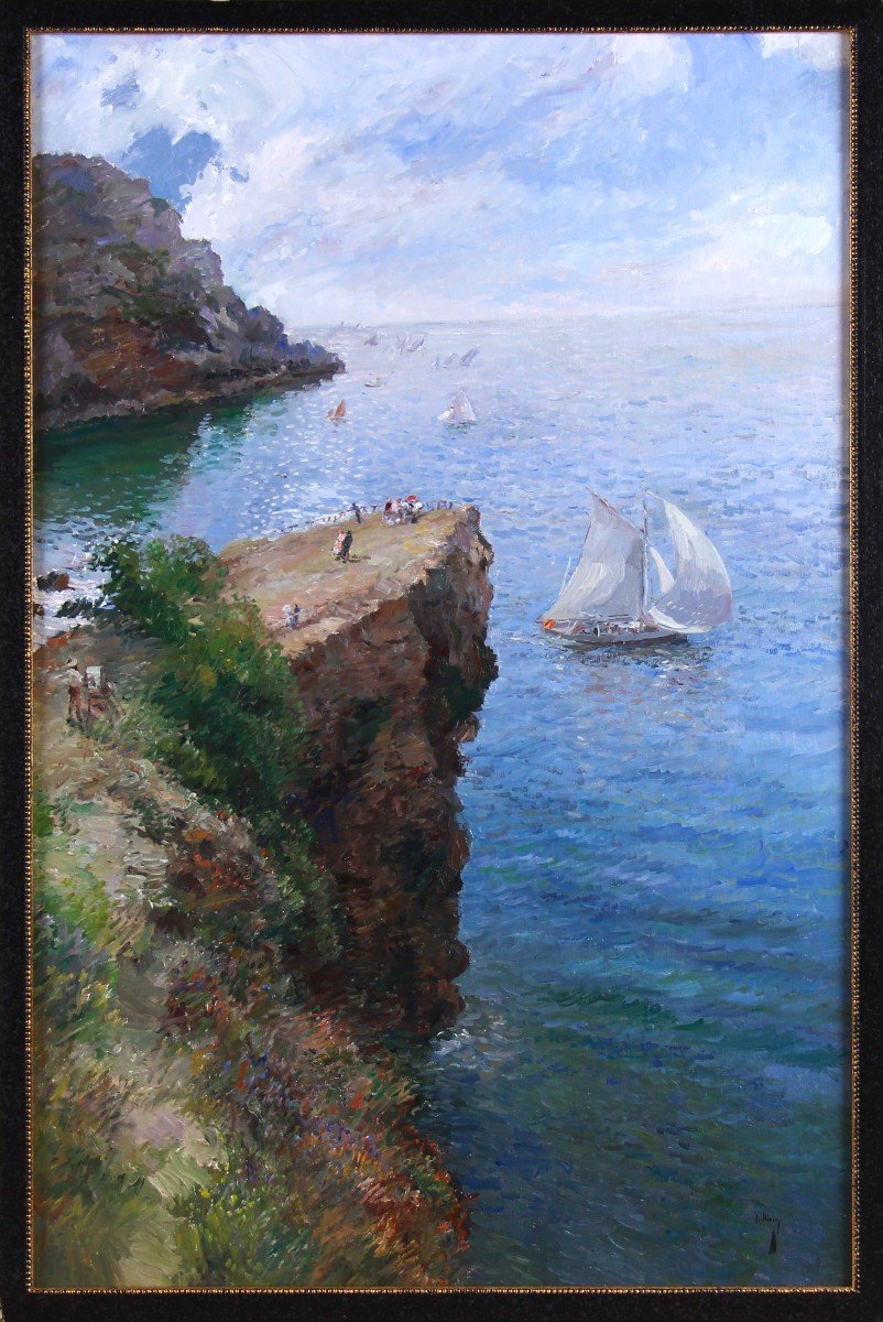 Huile Sur Toile Sur Panneau ,vue Méditerranéenne Avec Voilier Et Falaises