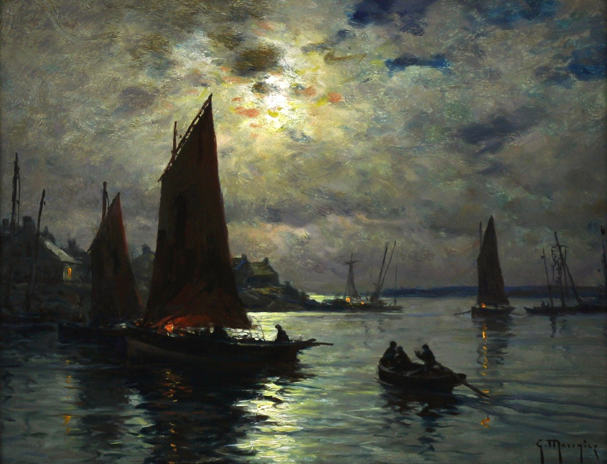 Port Et Bateaux De Pêche Au Crépuscule ,huile Sur Panneau  Par Georges Maroniez-photo-2
