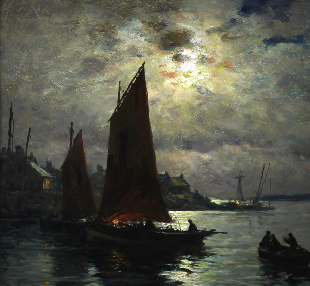 Port Et Bateaux De Pêche Au Crépuscule ,huile Sur Panneau  Par Georges Maroniez-photo-3