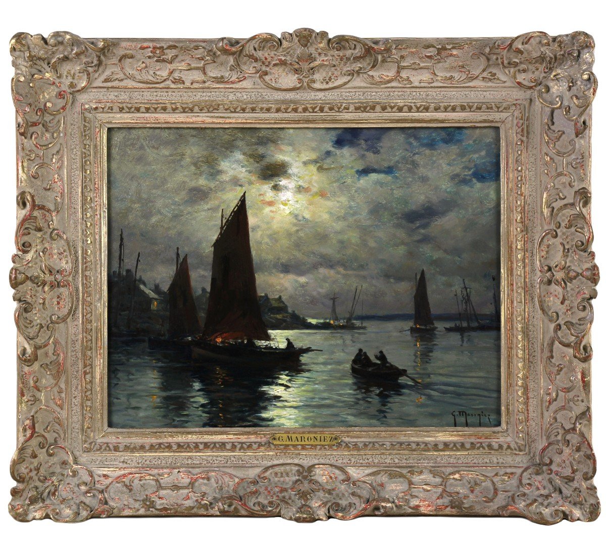 Port Et Bateaux De Pêche Au Crépuscule ,huile Sur Panneau  Par Georges Maroniez
