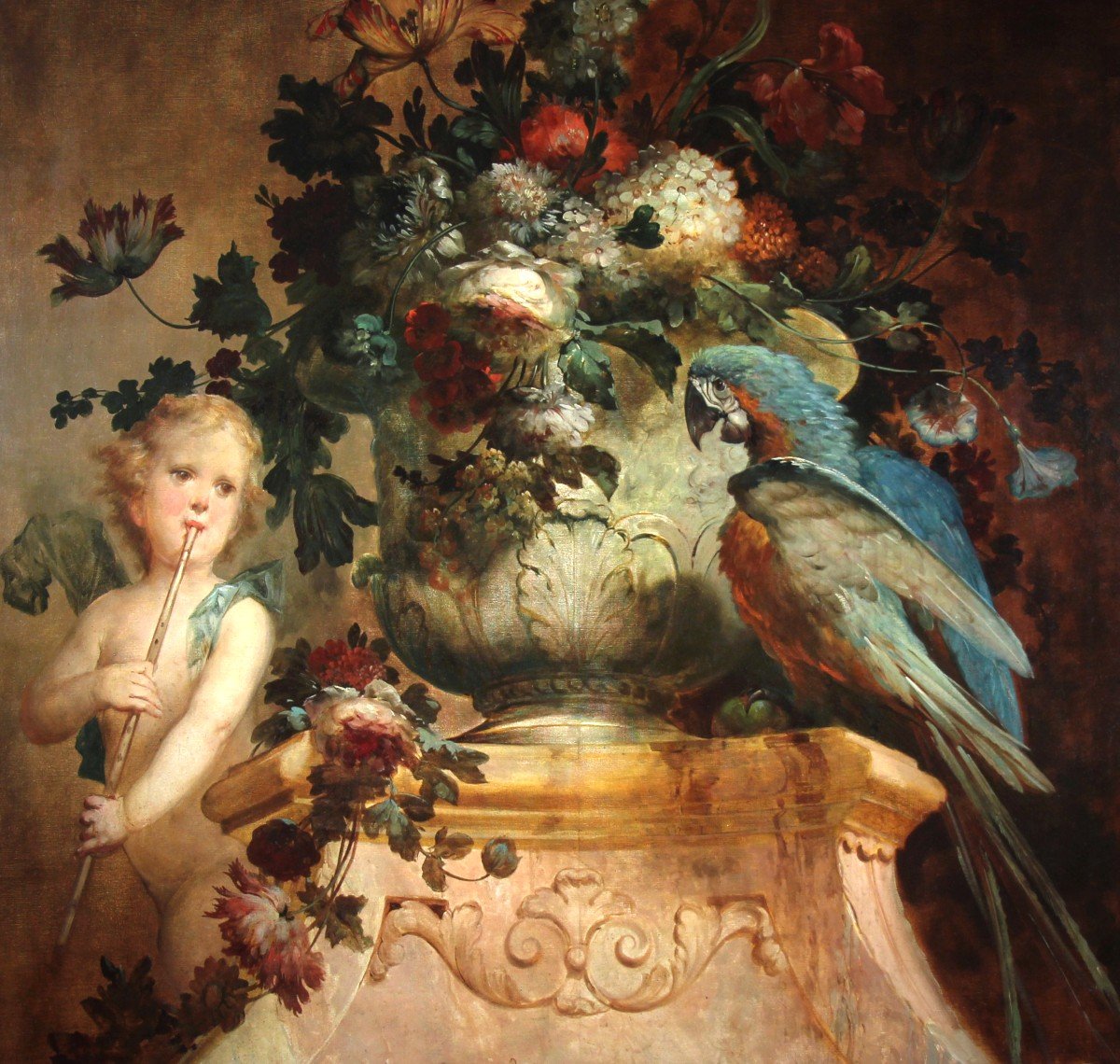 Oil On Canvas “still Life With Flowers Putti And Parrot” Attr. Vittorio Amedeo Rapous-photo-2