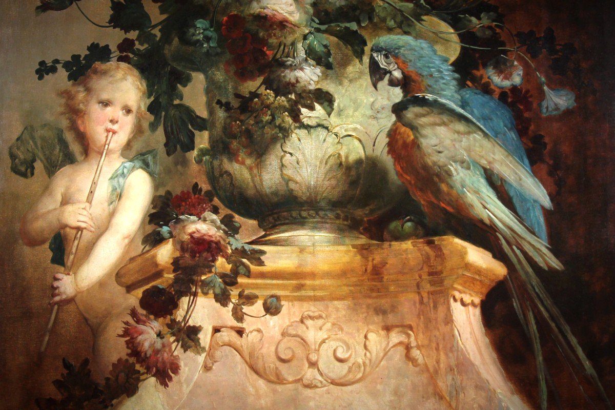 Oil On Canvas “still Life With Flowers Putti And Parrot” Attr. Vittorio Amedeo Rapous-photo-3