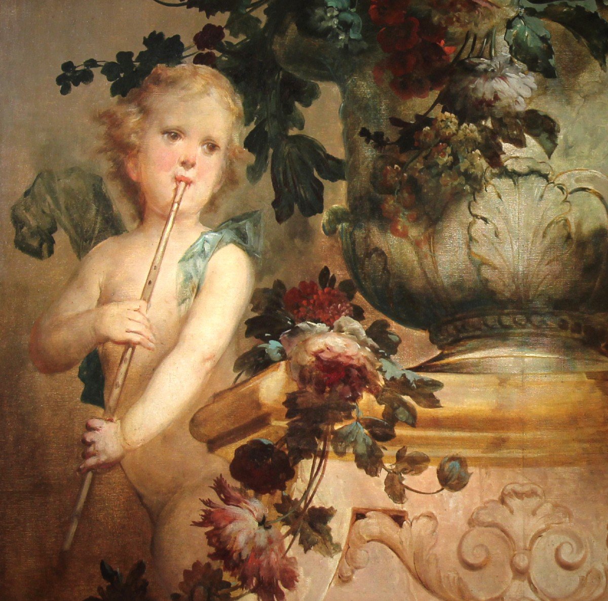 Oil On Canvas “still Life With Flowers Putti And Parrot” Attr. Vittorio Amedeo Rapous-photo-4