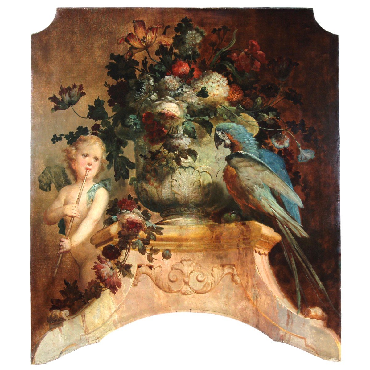 Oil On Canvas “still Life With Flowers Putti And Parrot” Attr. Vittorio Amedeo Rapous