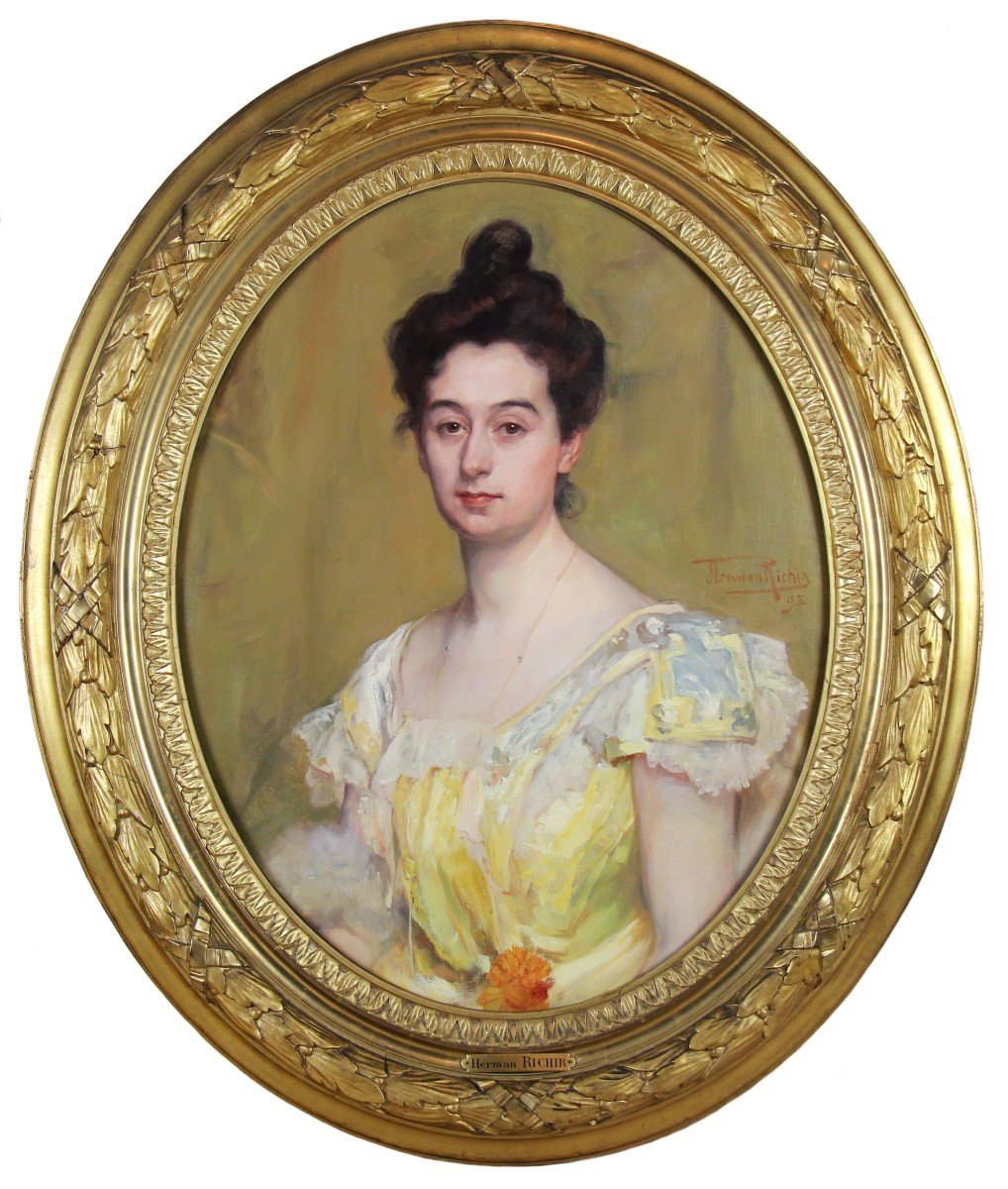 Portrait Of Mrs. Henroz-simonis Oil On Canvas Signed Herman Richir And Dated 1898