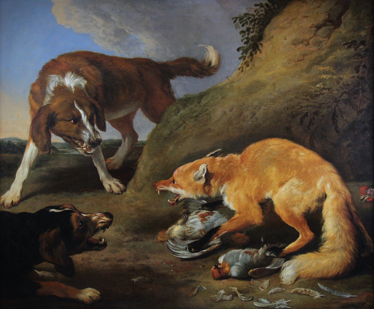 Huile Sur Toile "renard Attaqué Par Deux Chiens De Chasse" Attr. Frans Snyders 17ème -photo-2