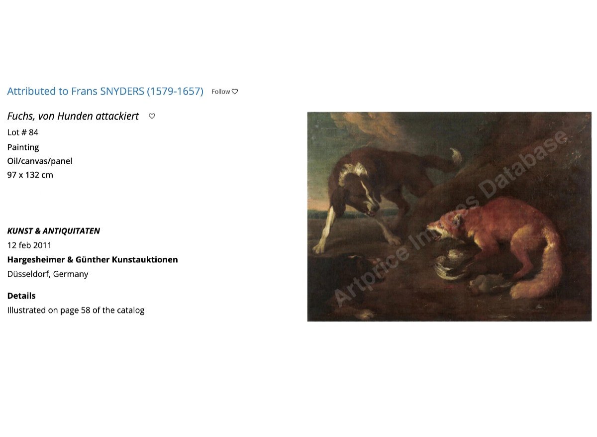 Huile Sur Toile "renard Attaqué Par Deux Chiens De Chasse" Attr. Frans Snyders 17ème -photo-3