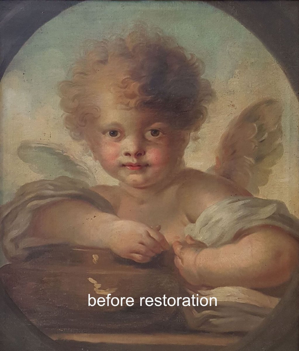 Oil Painting On Canvas " A Cupid " 18th Century Attr. By Jean-honoré Fragonard-photo-3