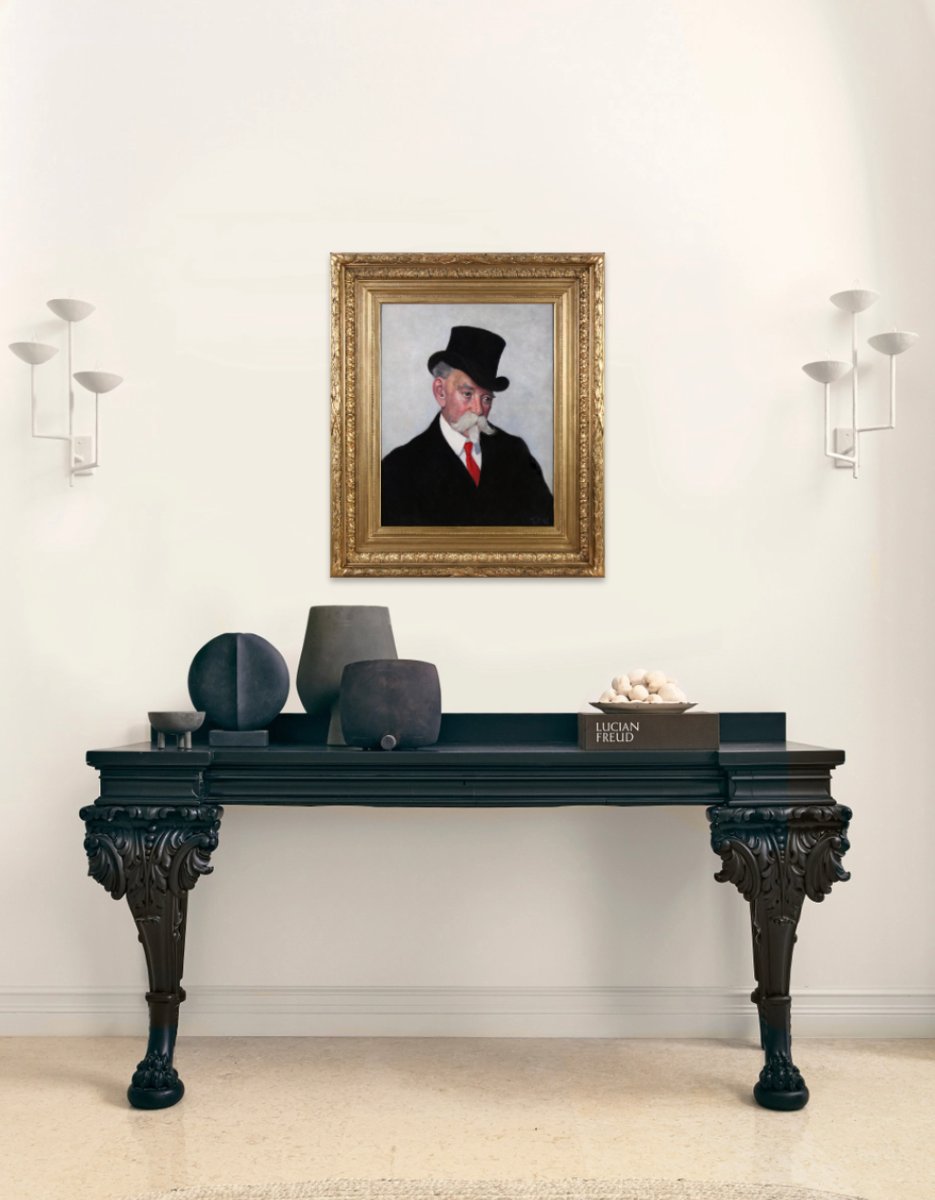 Portrait d'un homme portant un chapeau haut de forme, huile sur toile attribuée à Tom Roberts -photo-1