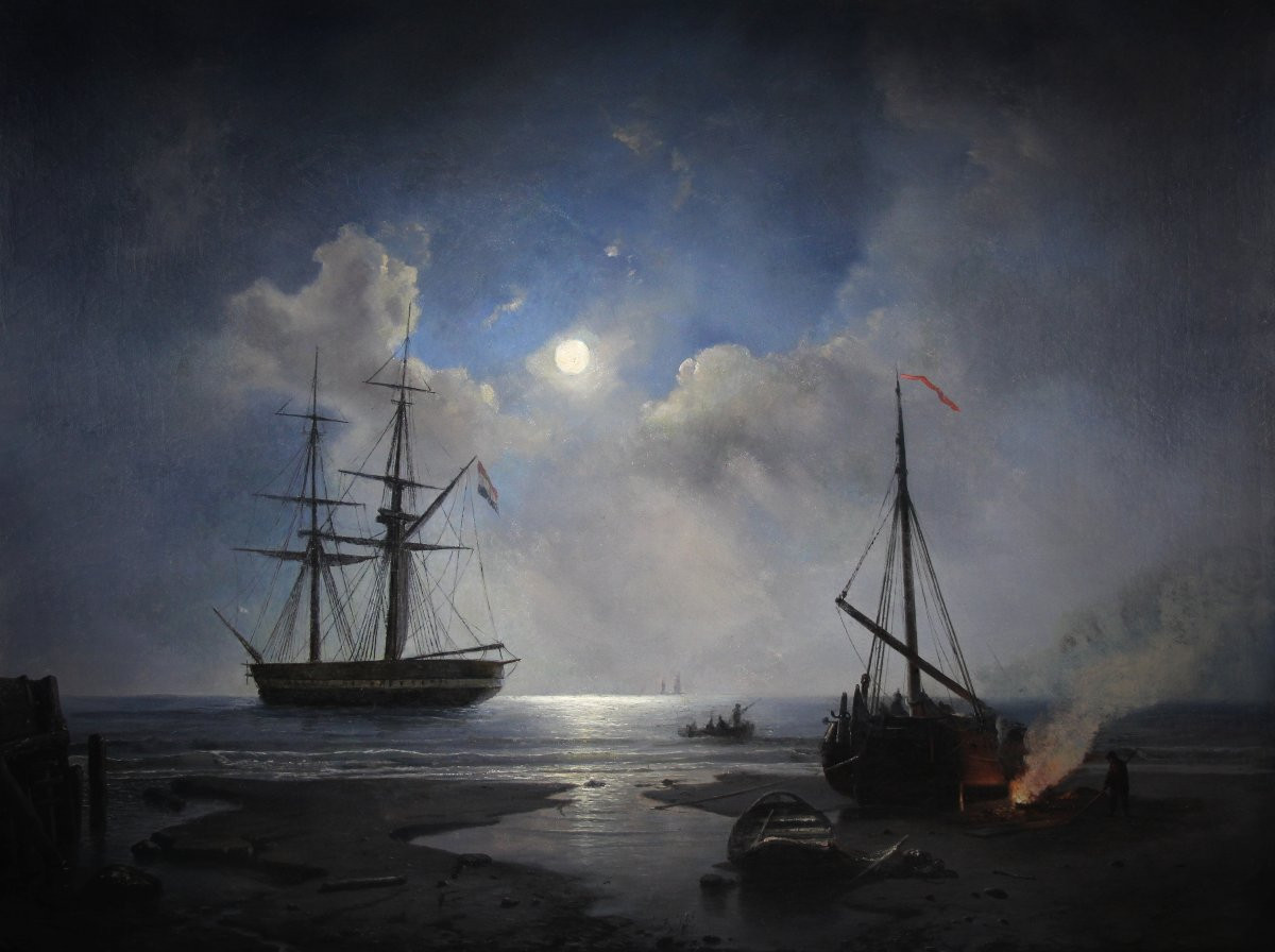 Anchorage At Moonlight, Oil On Canvas, By Schiedges Peter Paul 19th Century-photo-2