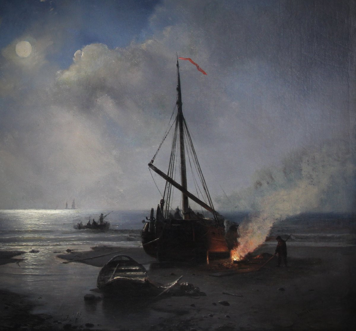 Anchorage At Moonlight, Oil On Canvas, By Schiedges Peter Paul 19th Century-photo-4