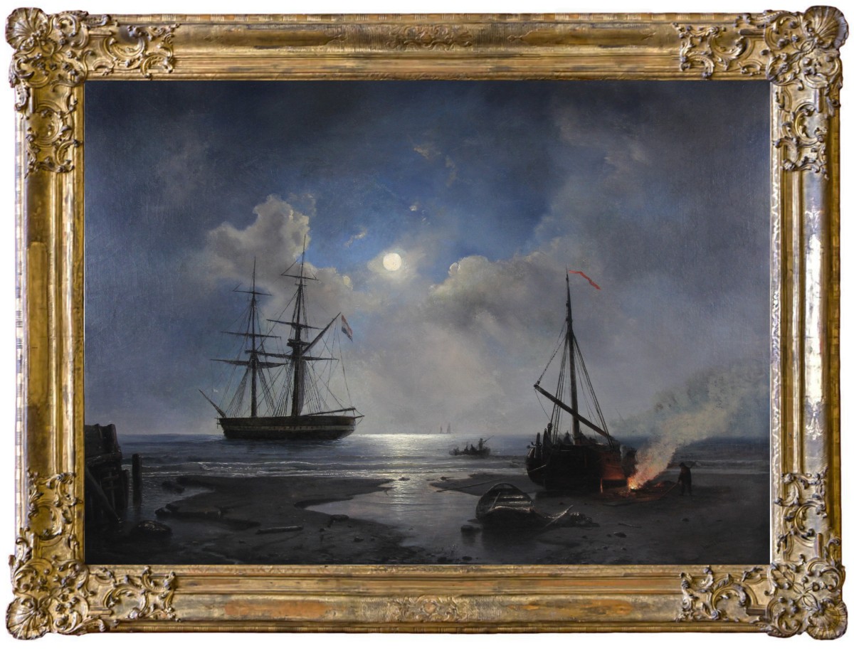 Anchorage At Moonlight, Oil On Canvas, By Schiedges Peter Paul 19th Century