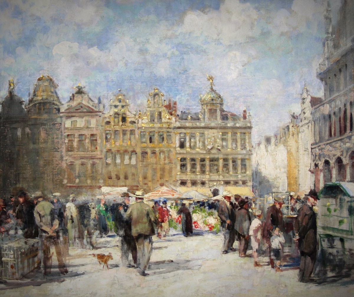 Belgian Oil On Canvas "grand Place Of Brussels" Signed, Not Framed, Sketch-photo-4