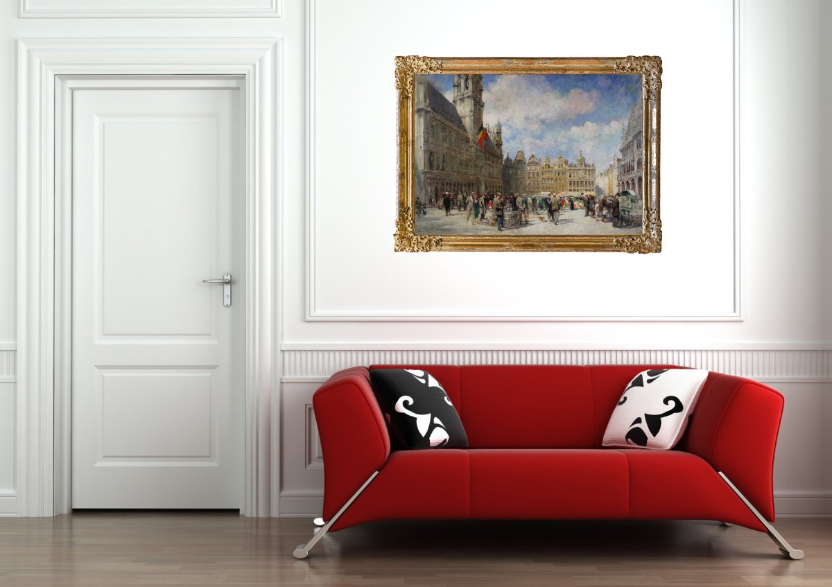 Belgian Oil On Canvas "grand Place Of Brussels" Signed, Not Framed, Sketch-photo-2
